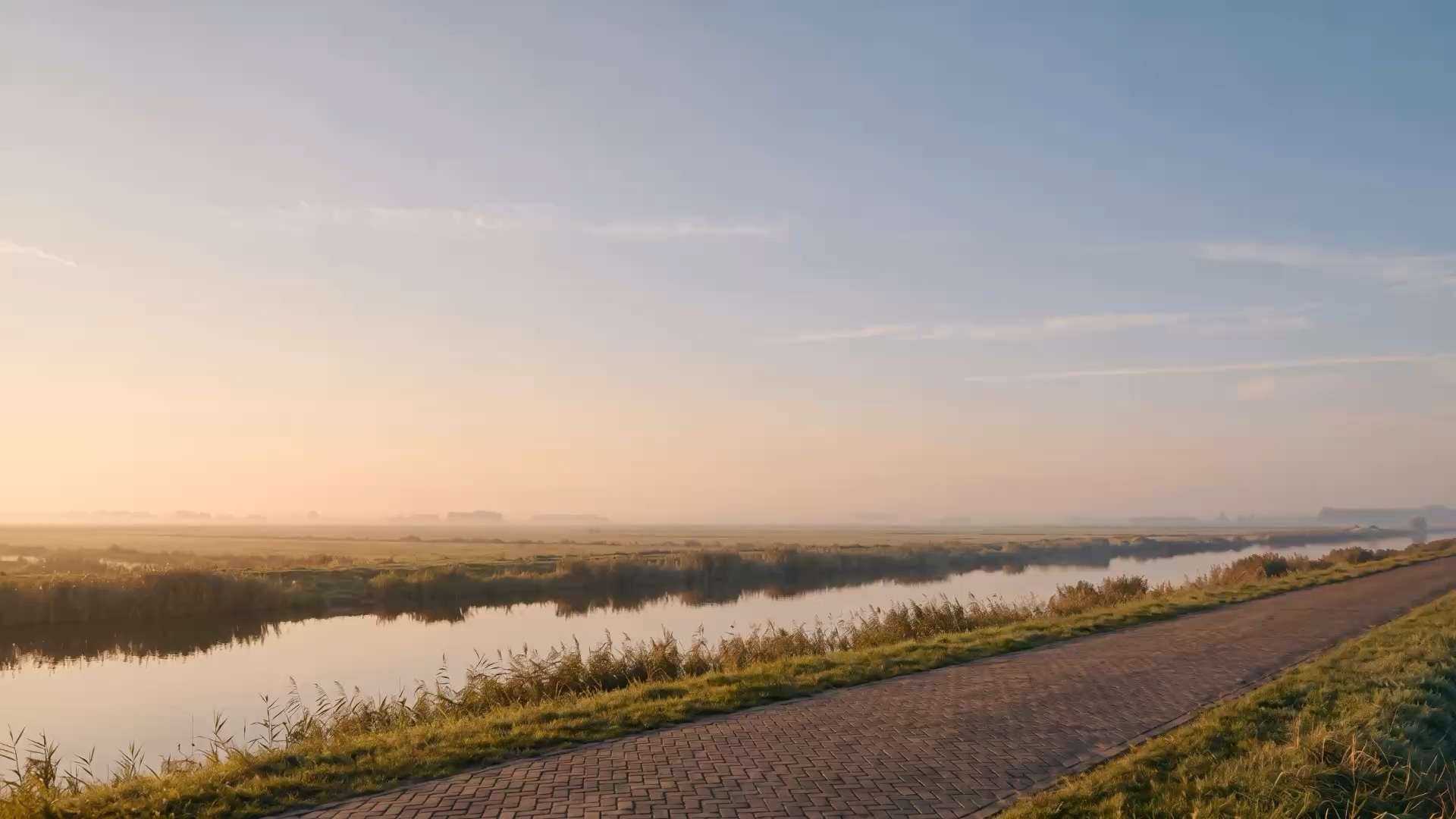 A brick dyke road beside a still river at dawn, where classic cars drive by